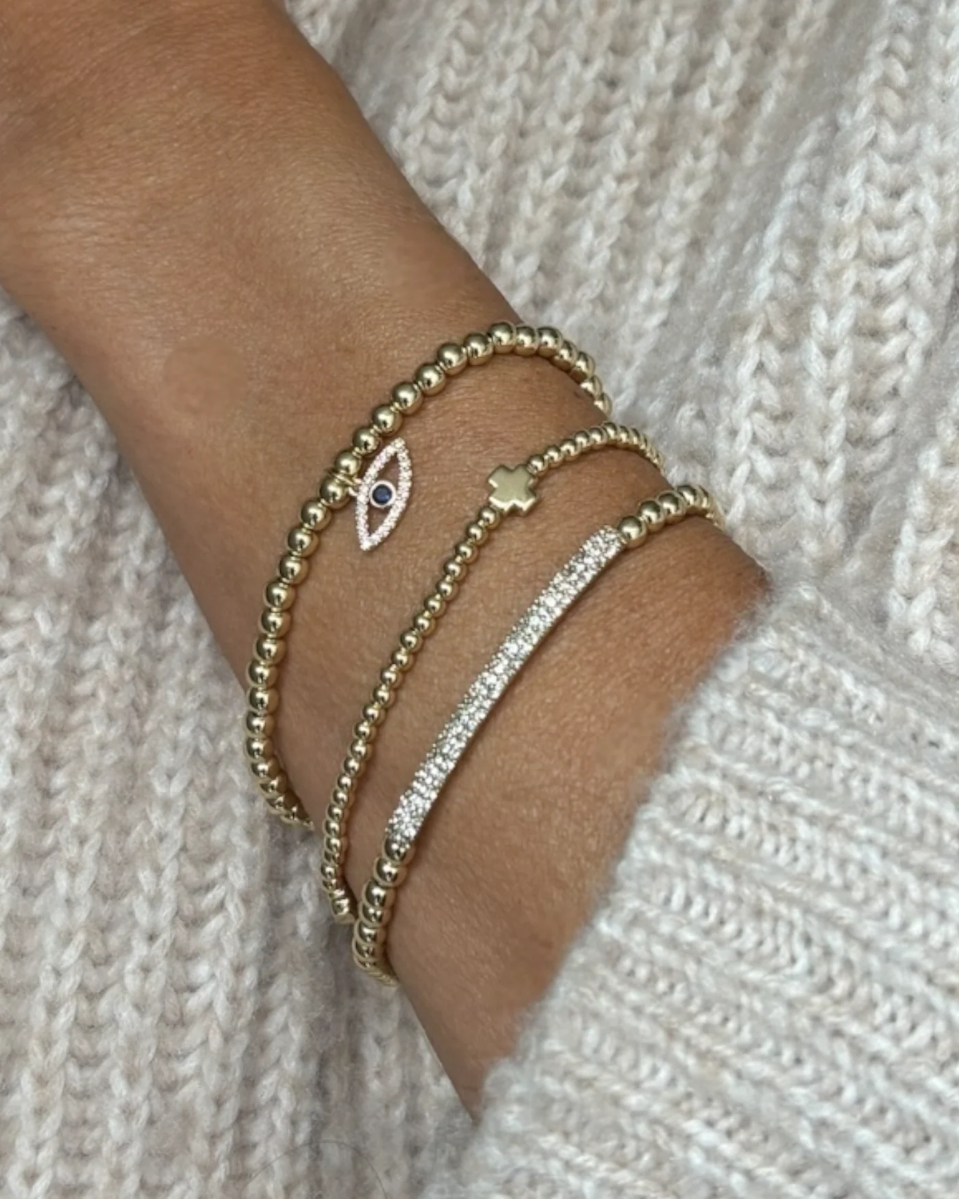 Evil Eye Gold Beaded Stretch Bracelet - Image 3