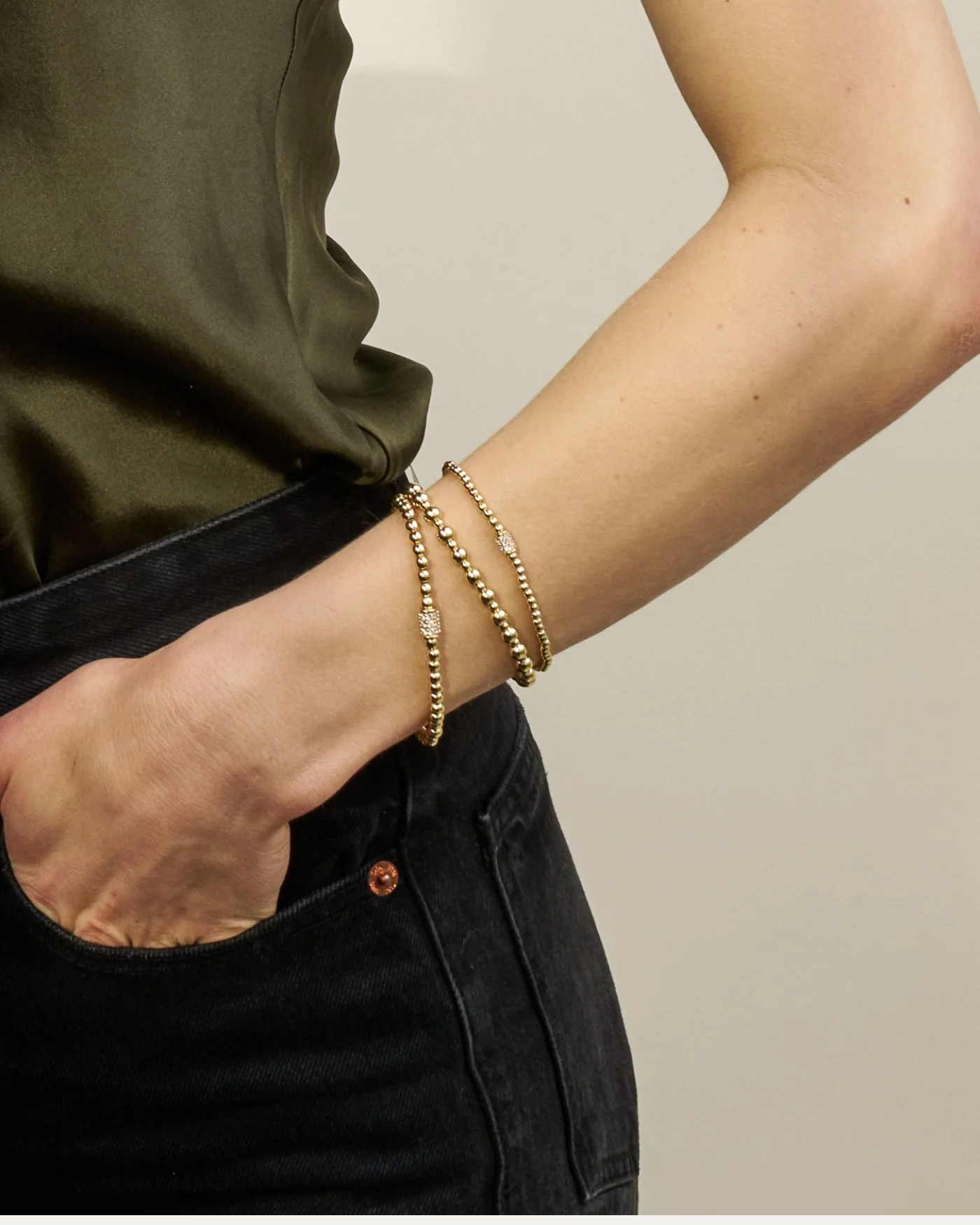 Pavé Rondelle Stackable Gold Beaded Bracelet  - Image 2